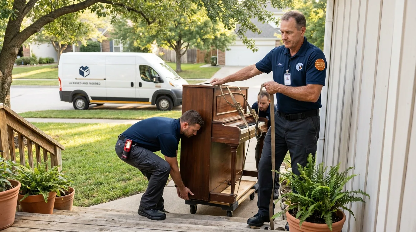 Licensed piano movers securing grand piano in Diboll, TX