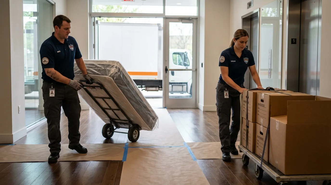 Professional apartment movers loading elevator in Diboll, TX